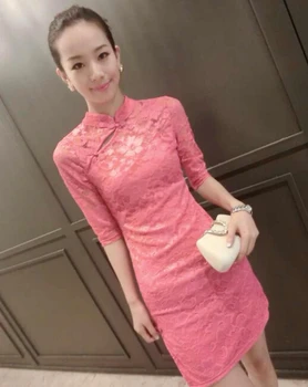 1 шт./лот, женский кружевной короткий чонсам в национальном стиле, сексуальный облегающий костюм в стиле тан, кружевное китайское платье в стиле чонсам, розовый/черный