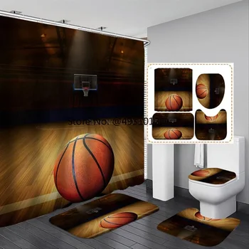 2023 Мячи с 3D принтом, 4 шт., Набор для ванной комнаты, Баскетбольная занавеска для душа, Нескользящий коврик для дома, Футбольное пламя, Пользовательские шторы для ванной