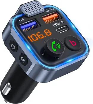 Bluetooth 5,0 FM-передатчик для Автомобиля PD 20 Вт + QC 3,0 Более Мощный Микрофон Hi-Fi Басовый Звук Прикуриватель Радио Музыкальный Адаптер