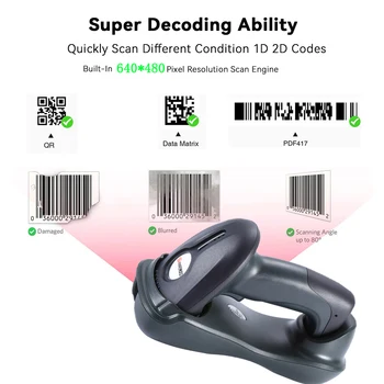 Bluetooth Сканер штрих-кода 1D 2D Ручной сканер QR-кода 433 МГц USB Беспроводной считыватель штрих-кода для супермаркета, склада, Библиотеки
