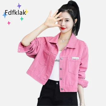 Fdfklak, Осенне-розовая Джинсовая куртка для женщин, пальто, Однобортная Свободная Модная Корейская Повседневная Блузка, Кардиган Femme