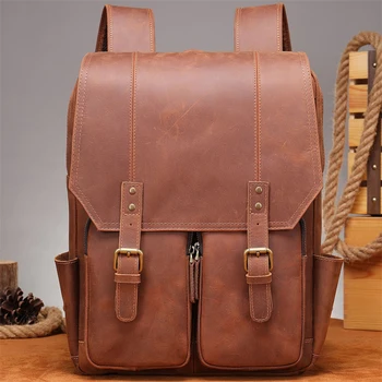 Luufan, мужской повседневный рюкзак из натуральной кожи большой емкости, 15-дюймовый школьный рюкзак для ноутбука, коричневая сумка с клапаном в стиле ретро