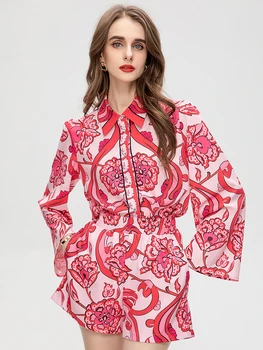 MoaaYina, модный дизайнерский летний женский однобортный комплект из двух предметов с отложным воротником и принтом, расклешенный длинный рукав