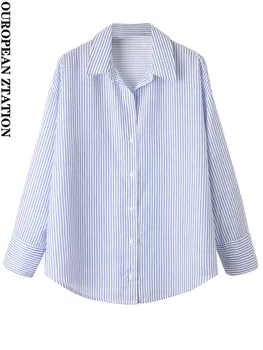 PAILETE Женские модные льняные рубашки в полоску оверсайз 2023, винтажные женские блузки с длинным рукавом и пуговицами спереди, шикарные топы