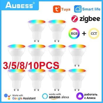 Tuya Zigbee GU10 Led Smart Light Bulb Лампа 220V 110V 5W RGB CW WW Светодиодные лампы Работает С Alexa Echo/ Google Home alice