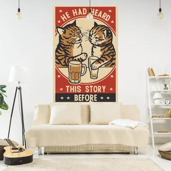 XxDeco Гобелен с Пьющими Кошками, Винтажный Плакат, Иллюстрация, Напечатанная На стене, Ковры для украшения спальни или дома