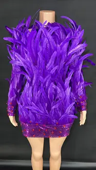 ZD Фиолетовые мини-платья с перьями, Женские Сексуальные Платья с открытой спиной и Длинными Рукавами, Роскошное Платье для Выпускного Вечера с Кристаллами Высокого Качества