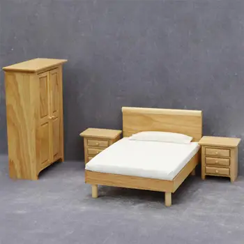 Деревянная мебель для кукольного домика - кровать с прикроватной тумбочкой и шкафом для миниатюрных аксессуаров для кукольного домика - масштаб 1/12