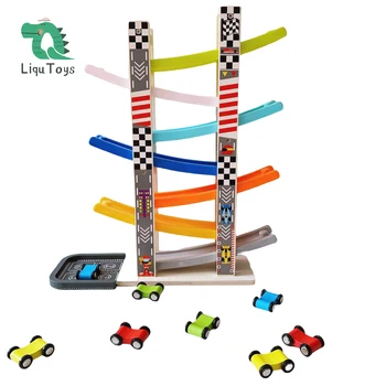 Детские игрушки LIQUID для детей 1, 2, 3 лет, Деревянный Игрушечный автомобиль Ramp Racer, Набор из 7 мини-машинок и гоночных трасс, Игрушки Монтессори