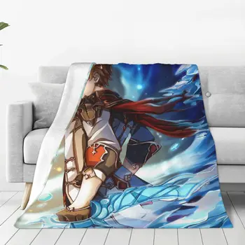 Детские одеяла Genshin Impact из флиса с изображением зимних игр в стиле аниме, многофункциональное супер мягкое покрывало для дивана, покрывало для спальни