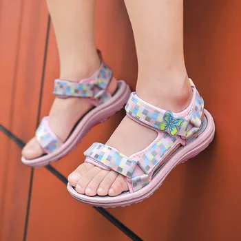 Детские сандалии для девочек от 3 до 15 лет, летняя обувь Модная милая нескользящая детская обувь с принтом в виде льняных крючков и петель на плоском каблуке Hw39