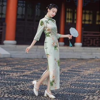 Длинный Чонсам, Новый замшевый осенний костюм для девочек с длинными рукавами, китайское традиционное ретро Повседневное улучшение, Молодое платье Ципао для женщин, вечеринка