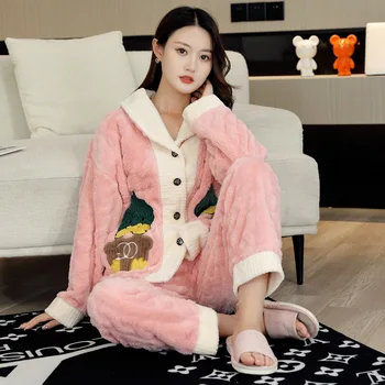 Женская зимняя теплая пижама с отворотом и пуговицами из двух предметов Длиной до щиколотки Из полиэстера, Удобная одежда для отдыха с карманами
