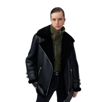 Женские зимние куртки-бомберы из натуральной овечьей кожи, пальто из натуральной двусторонней меховой кожи, верхняя одежда черного цвета