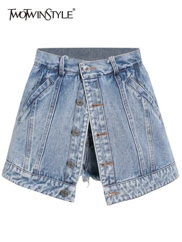 Женские короткие мини-брюки TWOTWINSTYLE в стиле пэчворк с высокой талией, Джинсовые однотонные шорты-минималки, Юбки, Женская одежда на Лето