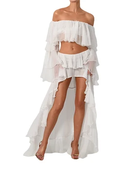 Женские летние комплекты одежды из 2 предметов, топы с длинным рукавом и открытыми плечами + прозрачная юбка с нерегулярными оборками