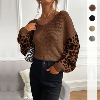 Женский тонкий вязаный пуловер с круглым вырезом, свитер с леопардовым рисунком, зимняя одежда, женский топ с длинным рукавом
