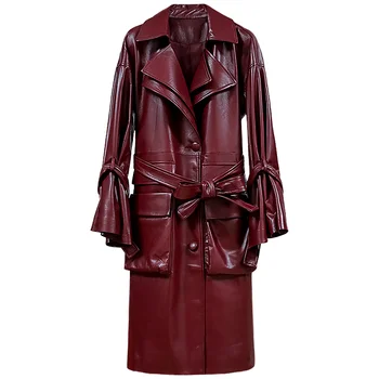 Женское темпераментное пальто на шнуровке, воротник-стойка, расклешенный рукав, тренч из овчины, одежда из натуральной кожи
