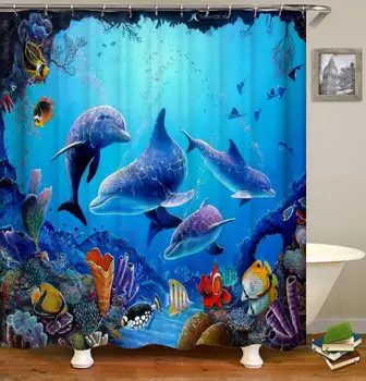 Занавеска для душа с дельфинами, синий подводный мир, морская жизнь, полиэфирная ткань, Набор декора для ванной комнаты на тему Океана для детей с 12 крючками