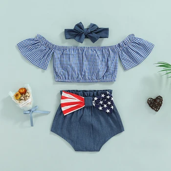 Комплект одежды из 3 предметов для маленьких девочек на день 4 июля, укороченные топы в клетку с открытыми плечами + Трусики на кнопках + Лента для волос для малышей, 0-24 месяцев