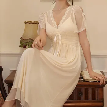 Кружевные Прозрачные ночные рубашки Принцессы с длинным рукавом, Женская Французская ночная рубашка, Элегантная одежда для сна, Сетчатая ночная одежда, Домашнее платье с накладкой на грудь