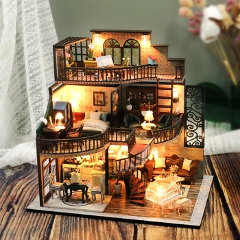 Кукольный домик Cutebee DIY Ретро лофт Деревянные кукольные Домики С мебелью Светодиодные фонари для детей Подарок на День Рождения