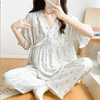 Летние комплекты пижам из тонкого хлопка с принтом для беременных и кормящих Пижамы с коротким рукавом Одежда для беременных Женщин Беременность Домашний сон