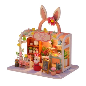 Миниатюрный набор для деревянного кукольного домика своими руками Кролик Цветочный магазин Мини-Каса Магазин игрушек Кукольный дом с мебелью Вилла Подарки на День рождения для девочек