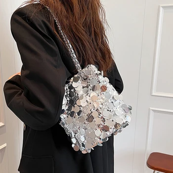 Модная сумка-мешок с блестками, Роскошные сумки на шнурке для женщин, Дизайнерские цепочки, сумка через плечо, свадебные Вечерние сумки