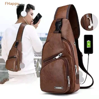 Мужская нагрудная сумка из искусственной кожи, уличная водонепроницаемая С отверстием для USB-зарядки Наушников, Модная сумка-Мессенджер для мужчин