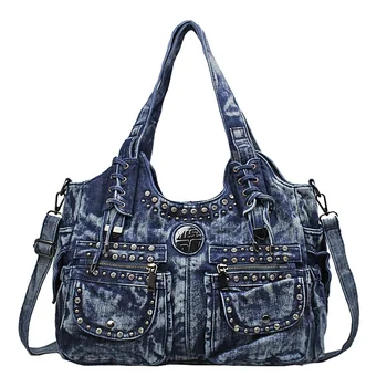 Новая джинсовая сумка, женская сумка через плечо, Винтажная джинсовая сумка-тоут с заклепками, Большая вместительная сумка-Хобо
