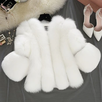 Новое женское пальто из искусственного меха, укороченные вставки из имитации лисы, Рукава мехового пальто