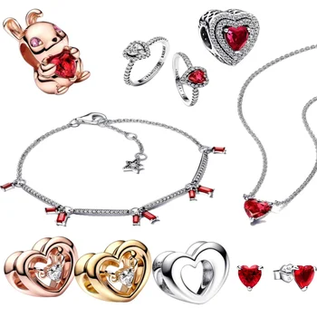 Новые женские ювелирные изделия, Блестящая красная сердечная цепочка, шарм из стерлингового серебра 925 пробы, подходит для оригинального браслета Pandora, аксессуары для поделок Ri