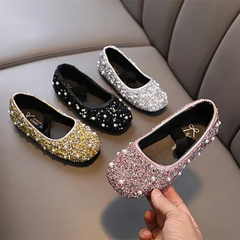 Обувь принцессы для девочек, роскошные блестящие вечерние детские балетки на плоской подошве, эластичная лента 21-36, четыре цвета, красивая детская обувь