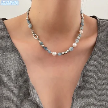 ожерелье из натурального камня kshmir с голубым кристаллом, натуральный пресноводный жемчуг в стиле барокко, нишевый дизайн, ощущение свежести, цепочка на ключицы, женская