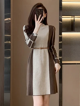Осенне-зимнее высококачественное женское платье, уменьшающее возраст, модное универсальное платье с длинным рукавом и круглым вырезом и поясом, женское платье vestido 2022