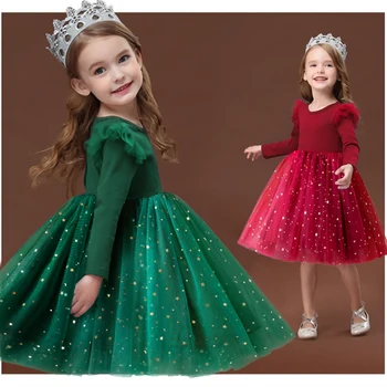 Осенне-зимнее платье для девочек, Рождественская одежда с блестками для маленьких девочек, Одежда с длинными рукавами, Детская пачка принцессы для девочек