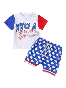 Очаровательный наряд на 4 июля для маленьких мальчиков, футболка и шорты с принтом Флага США, идеально подходящие для празднования Дня независимости
