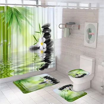 Пейзажный зеленый Бамбуковый сад, Наборы занавесок для душа, Спа-занавески из камня Дзен, Нескользящий коврик для ванной, Крышка для унитаза