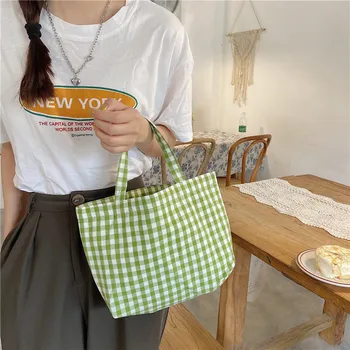 Портативная маленькая женская сумочка в ретро-клетку для студенток; Мини-тоут для покупок; сумки через плечо из хлопка и льна; женская сумка для пикника
