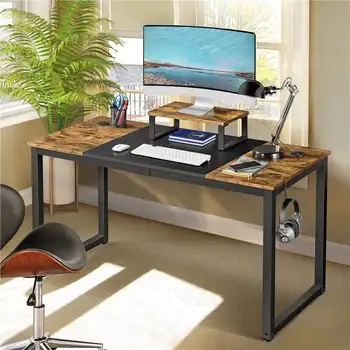 Промышленный компьютерный стол с подставкой для монитора, коричневый/черный в деревенском стиле