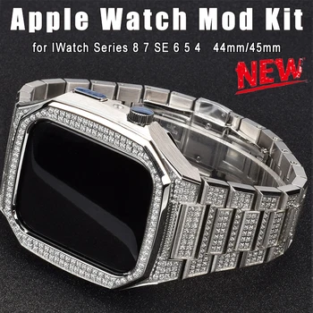 Роскошный Бриллиантовый Чехол для Apple Watch Band 8 7 45 мм Металлический Корпус из Нержавеющей Стали Комплект Модификации Ремешка Iwatch Series 6 SE 5 4 44 мм