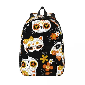 Рюкзак с милым котом, сахарными черепами и цветами, Мужской рюкзак для школьников, Женский Рюкзак для ноутбука Большой емкости