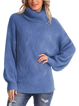 Свитера с высоким воротом для женщин, Повседневный Объемный вязаный пуловер с длинным рукавом-фонариком, Осенний свитер, Джемпер, топы